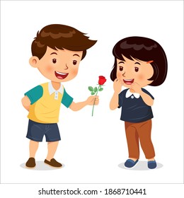 Boy give rose to girl. Give flowers on valentines day, birthday. Cartoon character vector.