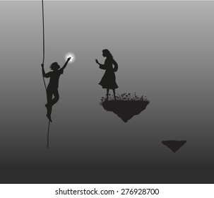 boy give star for the girl, love in fairy land, date on flying rock, shadows vector,