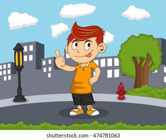 Boy give a thumb up standing on the street with city background cartoon vector illustration