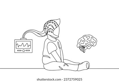 The boy is given an electroencephalogram. Diagnosis of brain function. International LGS Awareness Day. One line drawing for different uses. Vector illustration.