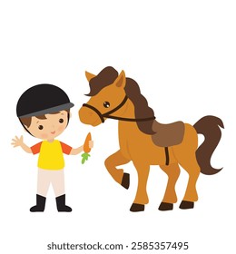 A boy gives a carrot to a horse. Equestrian sport vector cartoon illustration