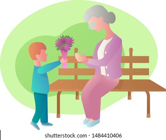 A boy gives flowers to an elderly woman. Concept: holiday of the elderly, anniversary, gratitude, attention, care. Vector, EPS 10.