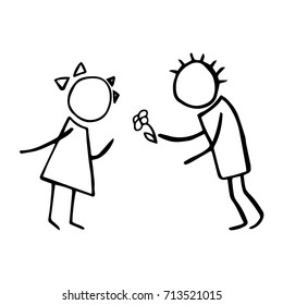 Boy gives flowers to the girl with bows. Vector illustration doodle boy and girl. Hand drawn.