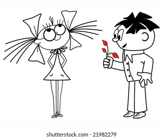 The boy gives flowers to the girl. The comic image of children