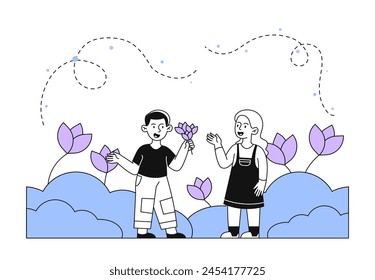 Boy gives flowers to girl linear. Child with romantic gift or present. Romance and love, passion. Surprise with bloom and blossom plants. Doodle flat vector illustration isolated on white background