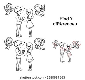 Boy gives flowers to girl, two cupids near them. Find 7 differences. Tasks for children. Vector illustration