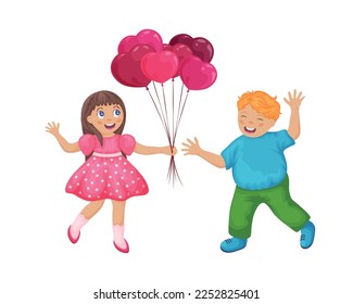 A boy gives a girl balloons in the form of a heart.A boy in love gives a gift to a girl. Kids on Valentine s Day in cartoon style. Lovely children in love. Vector illustration