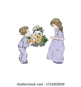 Boy gives girl basket of flowers. Little characters for decor greeting postcard with Birthday, Women's day.