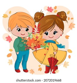 The boy gives the girl a bouquet of autumn leaves. Little girl holding an umbrella. Children on a walk under leaf fall