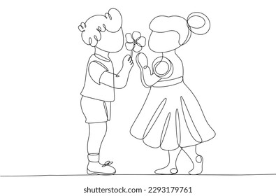 The boy gives the girl a flower. First love. Tender feelings. Child love. One line drawing for different uses. Vector illustration.