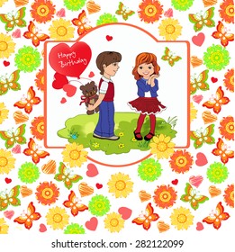 Boy gives a girl a gift. Background of flowers, hearts, butterflies. Vector illustration.