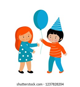 A boy gives a girl a gift. A little girl gets a balloon as a gift. Vector illustration. Cute characters in the style of flat.