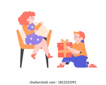 The boy gives the girl a gift. School children and friendship. Lovely characters. Vector flat illustration.