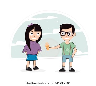 The boy gives the girl ice cream. Cartoon character vector illustration.