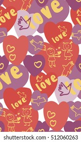 the boy gives the girls lots of hearts in the Valentine's holiday. seamless background of hearts, funny valentine, birds, text love