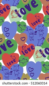 the boy gives the girls lots of hearts in the Valentine's holiday. seamless background of hearts, funny valentine, birds, text love