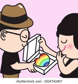 Boy Gives A Happy Rainbow Heart For Girl Concept Card Character illustration