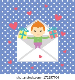 boy gives a  heart greeting card for valentine day 