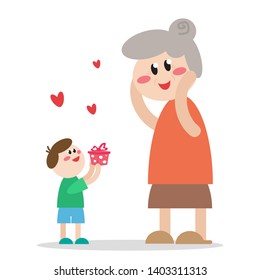 The boy gives his grandmother a gift. Vector illustration. 