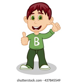 Boy gives thumbs up wearing green long sleeve sweater and dark green trousers cartoon vector illustration