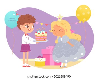 Boy giving birthday cake to girl at party to blow candles. Happy children friendship together vector illustration. Smiling kids celebrating holiday with sweet gift, presents, balloons.