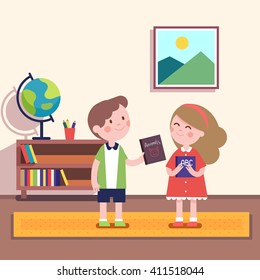 Boy giving book about animals to a girl holding abc primer volume. Kids friendship characters. Modern flat vector illustration clipart.