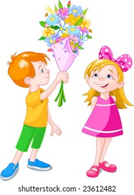Boy giving a bouquet to girl. Vector illustration