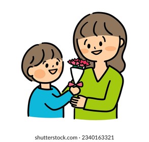 Boy giving carnations for mother's day.