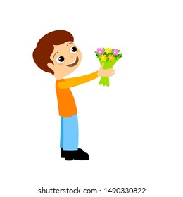 Boy Giving Flower Bouquet. Vectoral Flat Design Illustration. White Background Isolated.