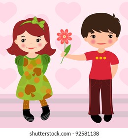 Boy giving flower to a girl for Valentines day