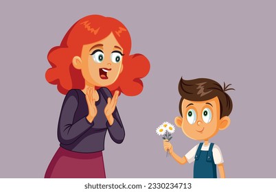 
Boy Giving a Flower to his Mother vector Cartoon Illustration. Cheerful son showing respect and gratitude towards his mom
