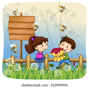 Boy giving flowers to girl illustration