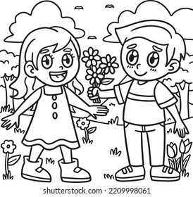 Boy Giving Flowers To Girl Valentines Day Coloring