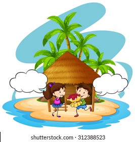 Boy giving flowers to girlfriend on island illustration