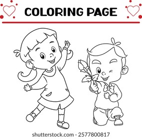 boy is giving flowers girlfriend valentine coloring page for kids