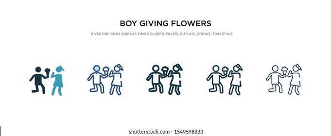 boy giving flowers to his girlfriend icon in different style vector illustration. two colored and black boy giving flowers to his girlfriend vector icons designed in filled, outline, line and stroke