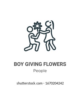Boy giving flowers to his girlfriend outline vector icon. Thin line black boy giving flowers to his girlfriend icon, flat vector simple element illustration from editable people concept isolated 