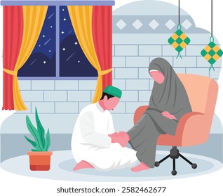 Boy giving foot massage to his moth in respect concept, Honoring Elders for seeking forgiveness vector icon design ramadan Eid al-Fitr Banner, Muslim fasting month scene, Arabic holidays illustration