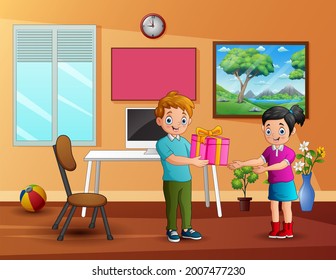 Un niño dando caja de regalo a una chica feliz en casa