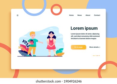 Boy giving gift to girl. Couple of children playing date flat vector illustration. Role play, childhood, friendship concept for banner, website design or landing web page