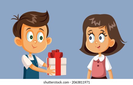 Boy Giving a Gift to a Girl Vector Cartoon Illustration. Funny children exchanging presents for holidays
