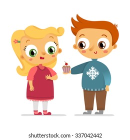 Boy giving girl cupcake, vector characters isolated on white