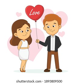 Boy giving heart shaped balloon to pink girl