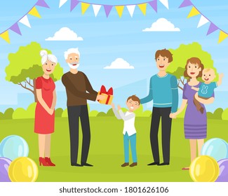 Boy Giving Holiday Present to Happy Grandfather, Relatives Congratulating Grandparent with Birthday Party Event Outdoors Cartoon Vector Illustration