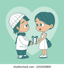 Boy giving with knitted hat giving gift to his girl on valentines day
