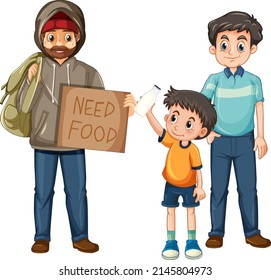 A boy giving milk bottle to homeless man illustration