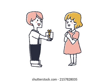 Boy giving a present to a girl Comical handwritten person Vector, warm line drawing
