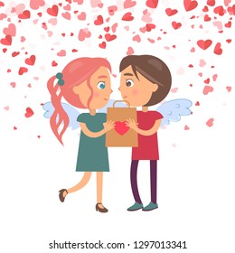 Boy giving present girlfriend, Valentine day. Woman and man with wings holding package and looking at each other. Festive card decorated by hearts vector