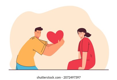 Boy giving romantic red heart to girl on date or on Valentines Day. Declaration or confession of love flat vector illustration. Love, relationship concept for banner, website design, landing web page