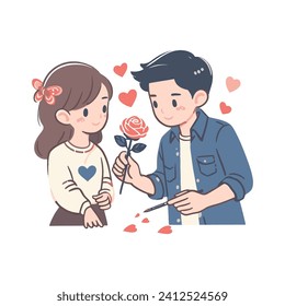 Boy giving rose to girl cartoon illustration, Man proposing to woman vector valentines day characters